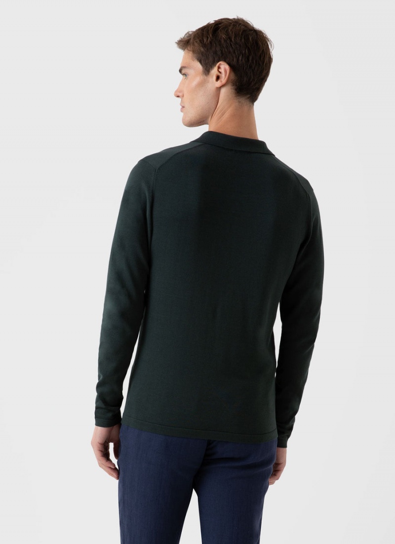 Green Sunspel Long Sleeve Sea Island Cotton Polo Shirt | 05693-LYUZ | USA