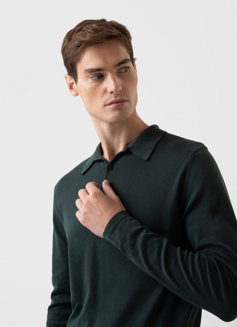 Green Sunspel Long Sleeve Sea Island Cotton Polo Shirt | 05693-LYUZ | USA