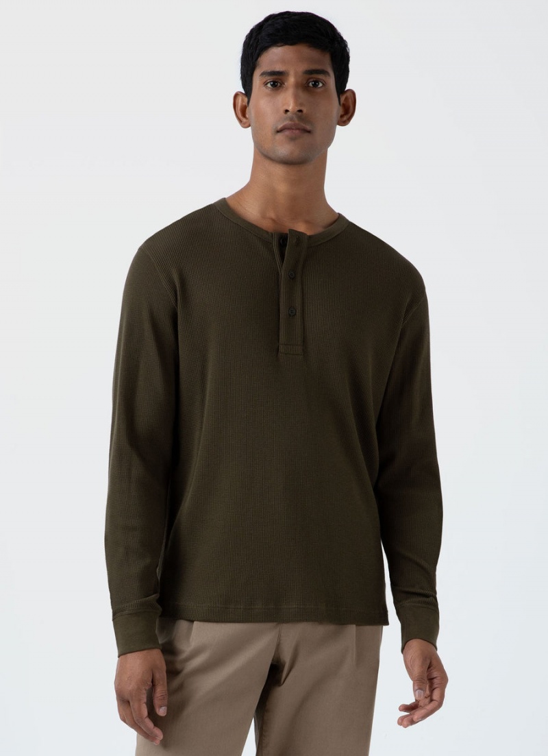 Green Sunspel Long Sleeve Waffle Henley | 19357-AJNW | USA