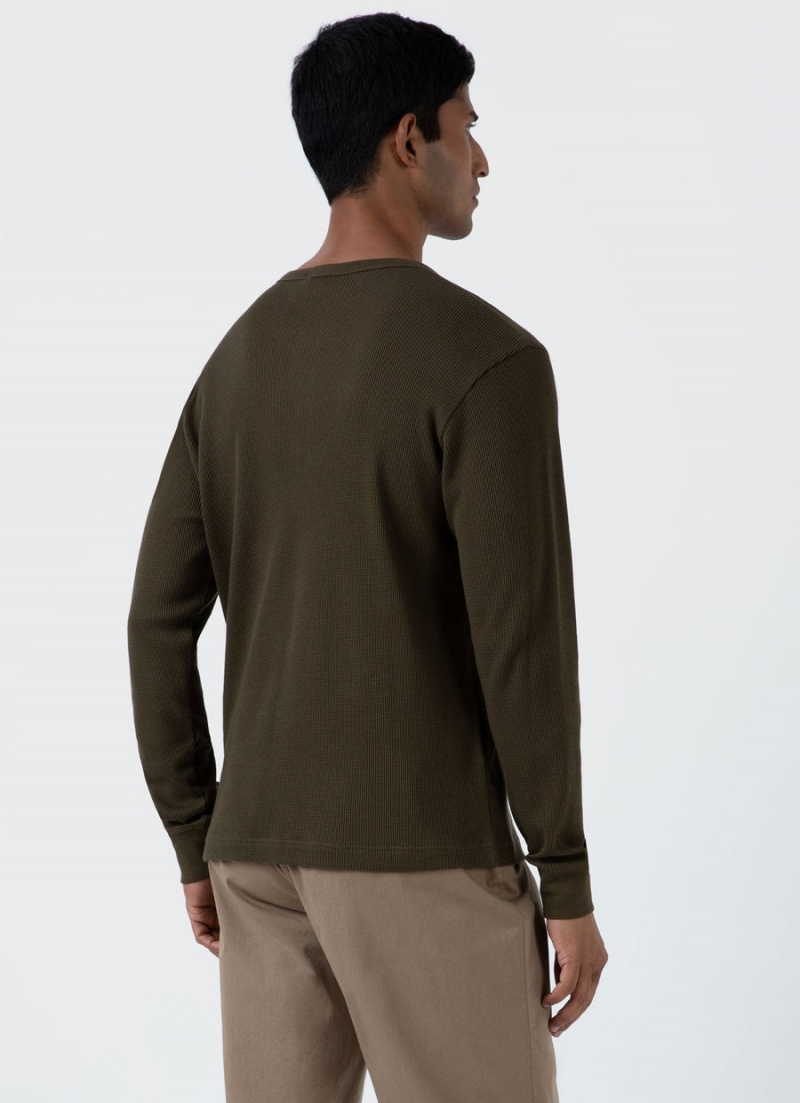 Green Sunspel Long Sleeve Waffle Henley | 19357-AJNW | USA