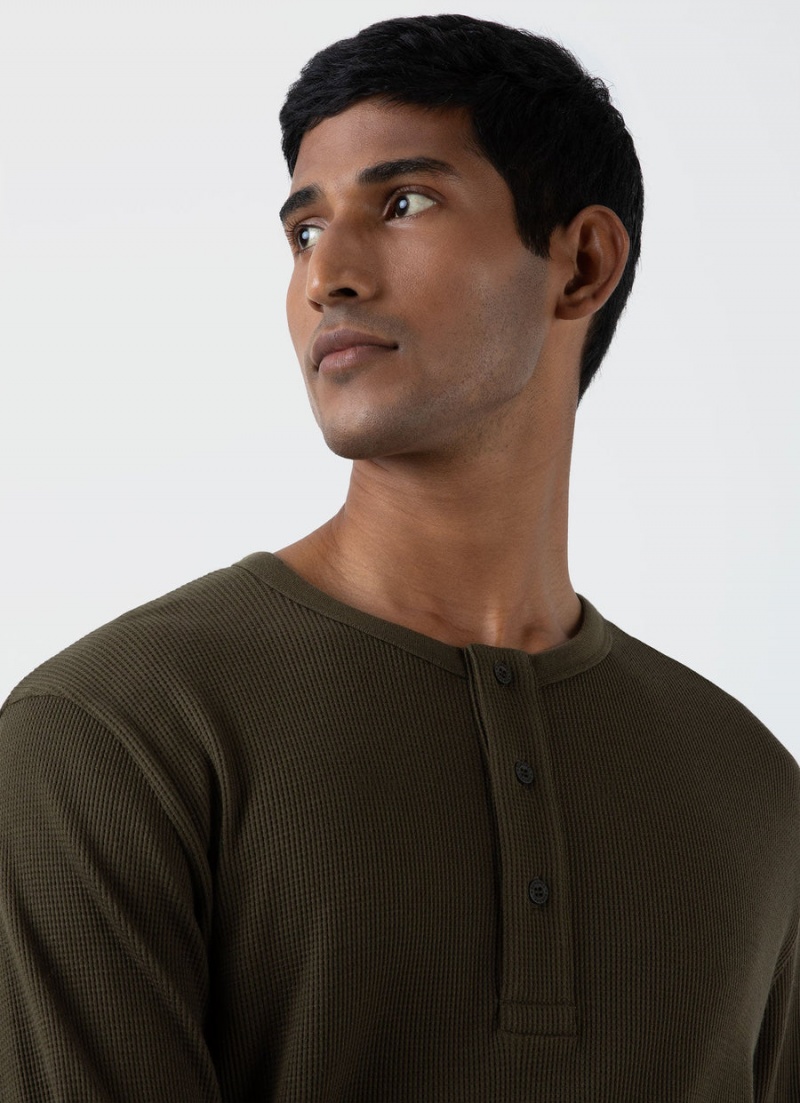 Green Sunspel Long Sleeve Waffle Henley | 19357-AJNW | USA