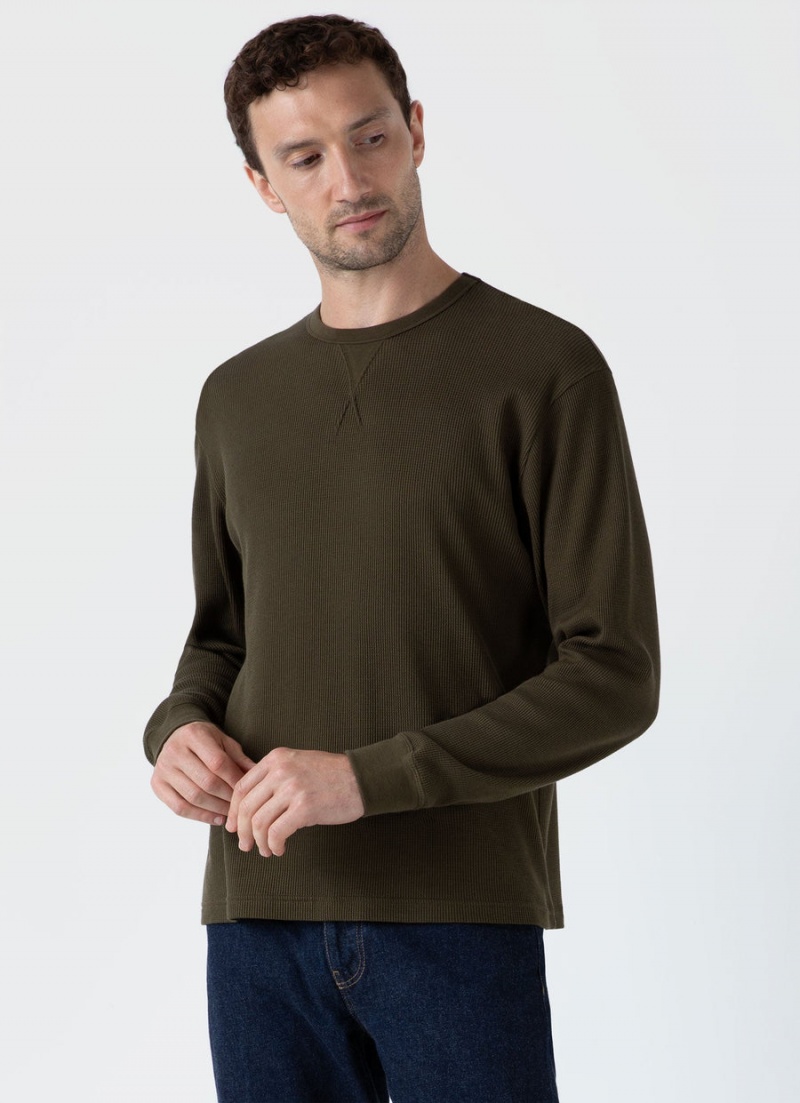 Green Sunspel Long Sleeve Waffle T-shirt | 94063-JOPA | USA