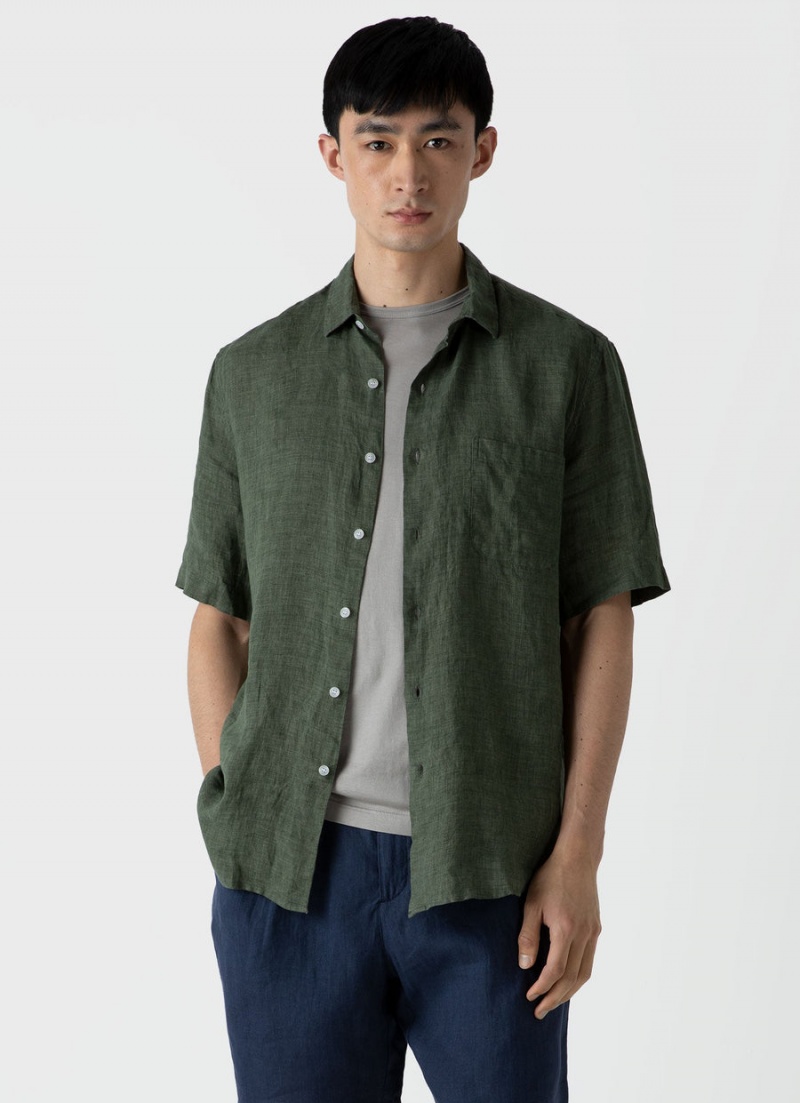 Green Sunspel Short Sleeve Linen Shirt | 52301-YRQC | USA