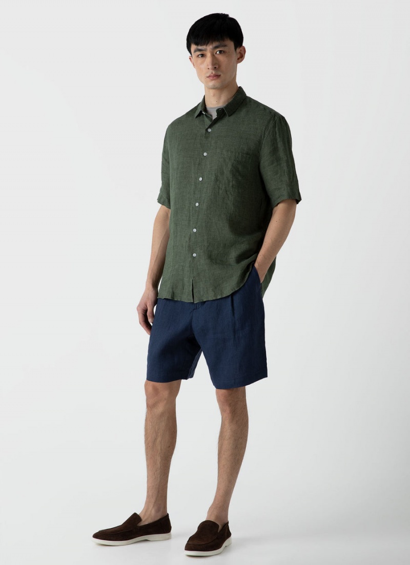 Green Sunspel Short Sleeve Linen Shirt | 52301-YRQC | USA