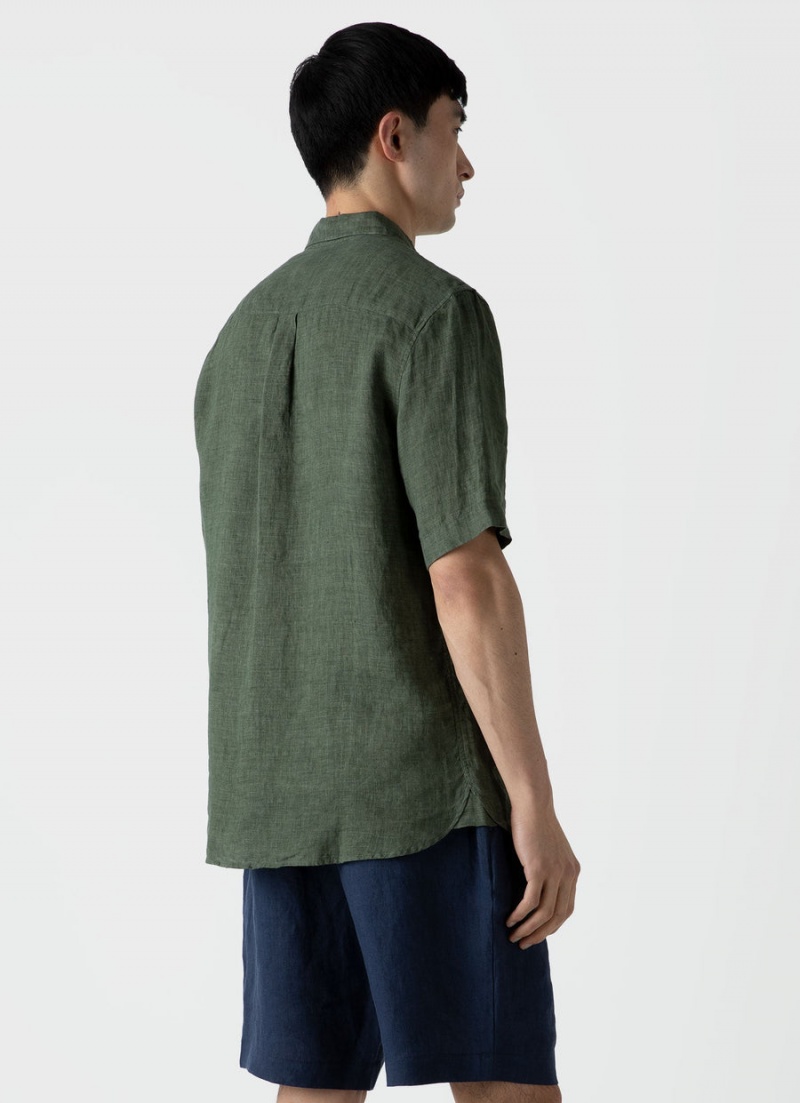 Green Sunspel Short Sleeve Linen Shirt | 52301-YRQC | USA