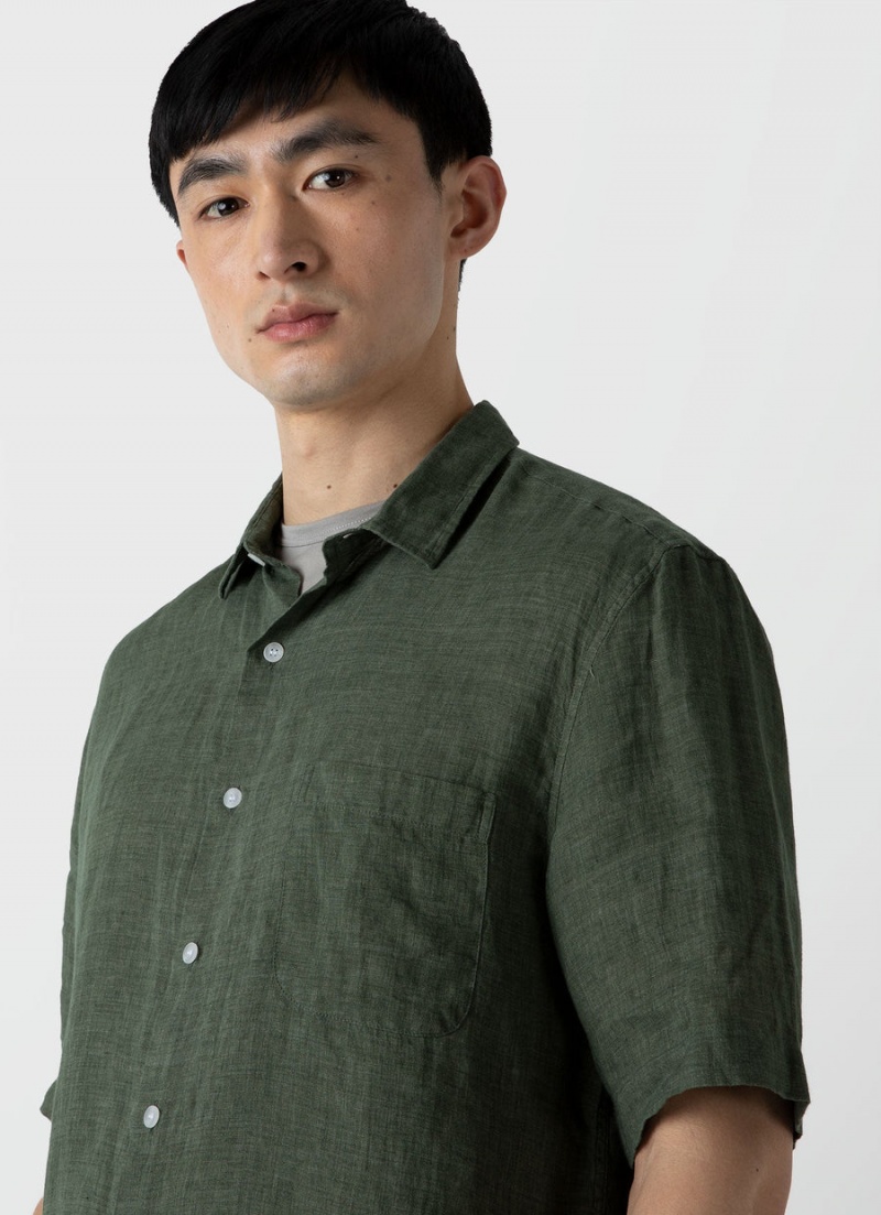 Green Sunspel Short Sleeve Linen Shirt | 52301-YRQC | USA