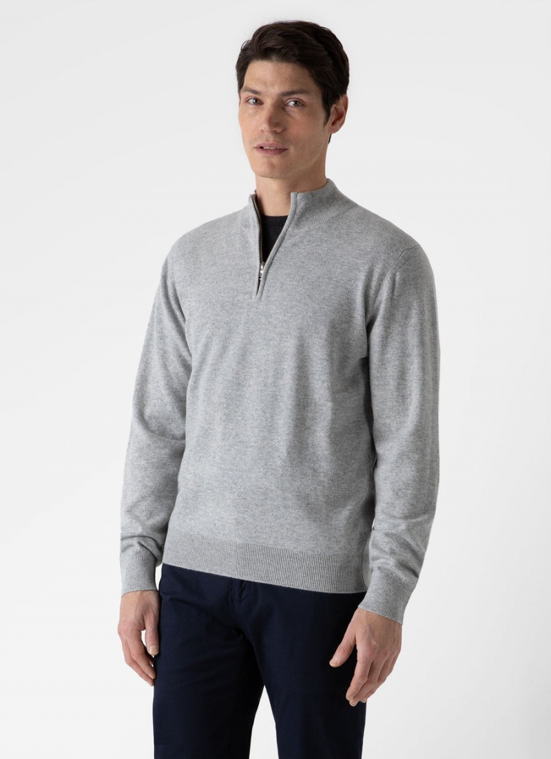 Grey Sunspel Cashmere Zip Neck Jumper | 17893-HZOF | USA