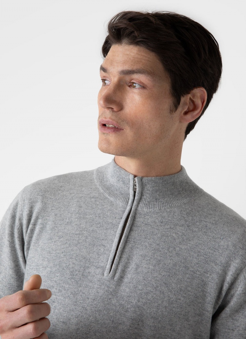 Grey Sunspel Cashmere Zip Neck Jumper | 17893-HZOF | USA