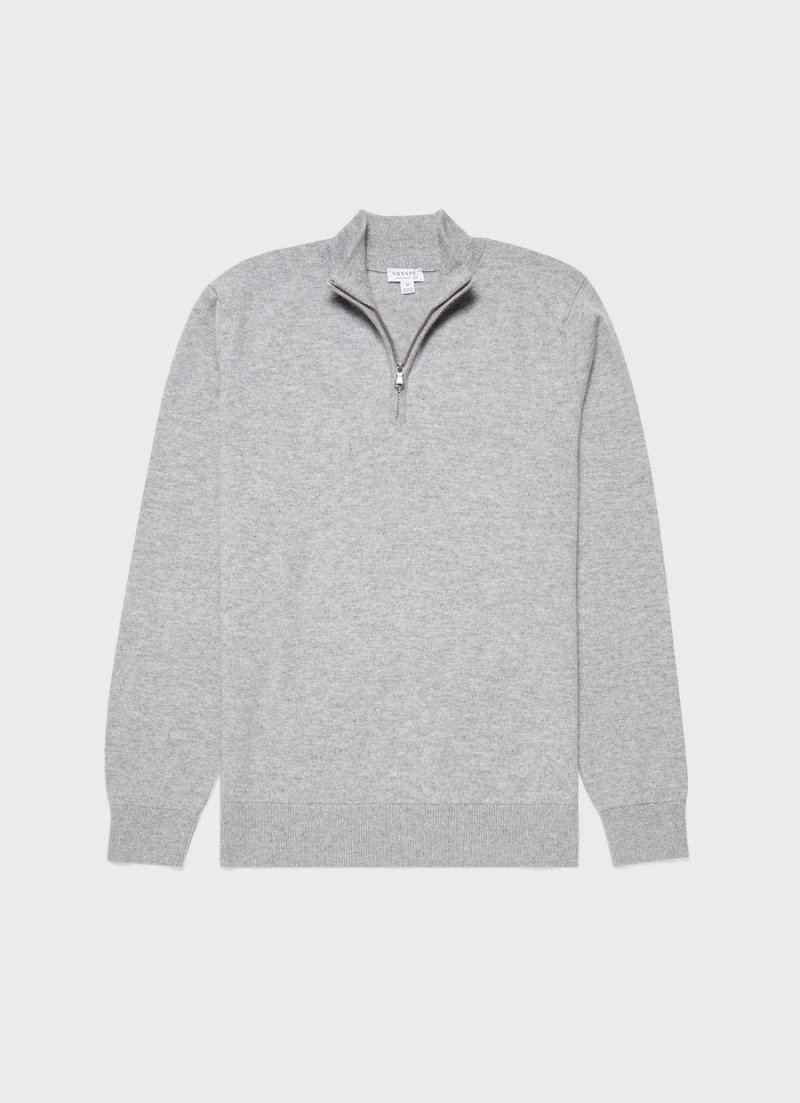 Grey Sunspel Cashmere Zip Neck Jumper | 17893-HZOF | USA