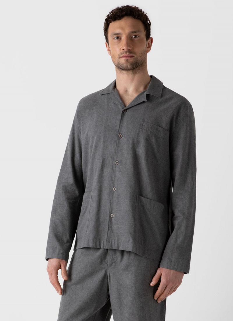 Grey Sunspel Cotton Flannel Pyjama Shirt | 15620-DQKN | USA