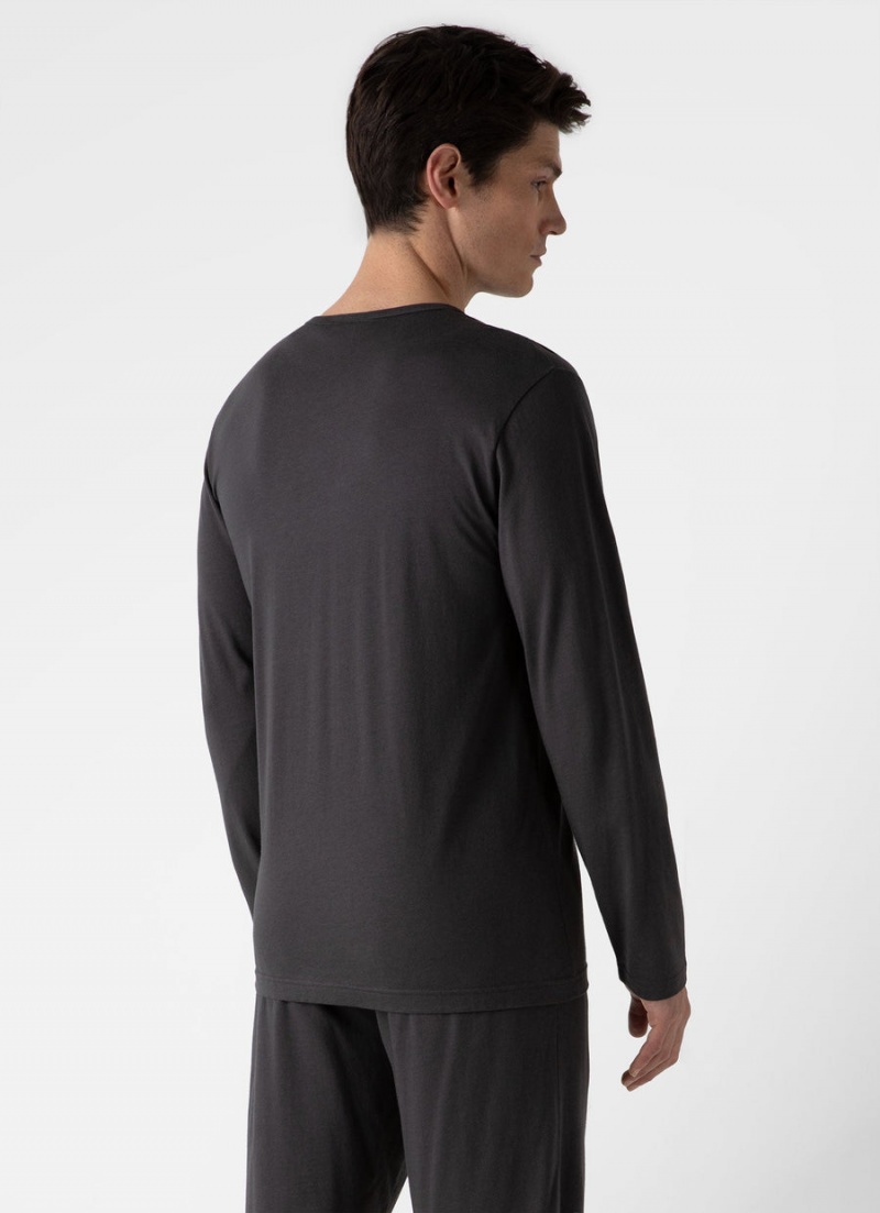 Grey Sunspel Long Sleeve Cotton Modal Lounge T-shirt | 95127-RBPU | USA