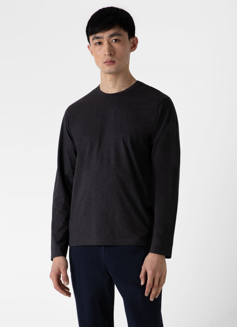 Grey Sunspel Long Sleeve Riviera Midweight T-shirt | 14538-NJVR | USA