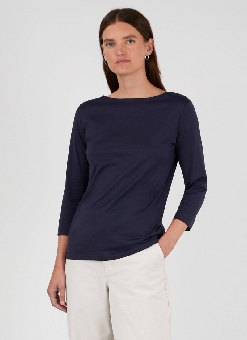 Navy Sunspel 3/4 Sleeve Boat Neck T-shirt | 28509-PHVA | USA