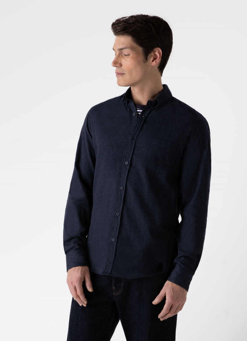 Navy Sunspel Button Down Flannel Shirt | 74039-CVGM | USA