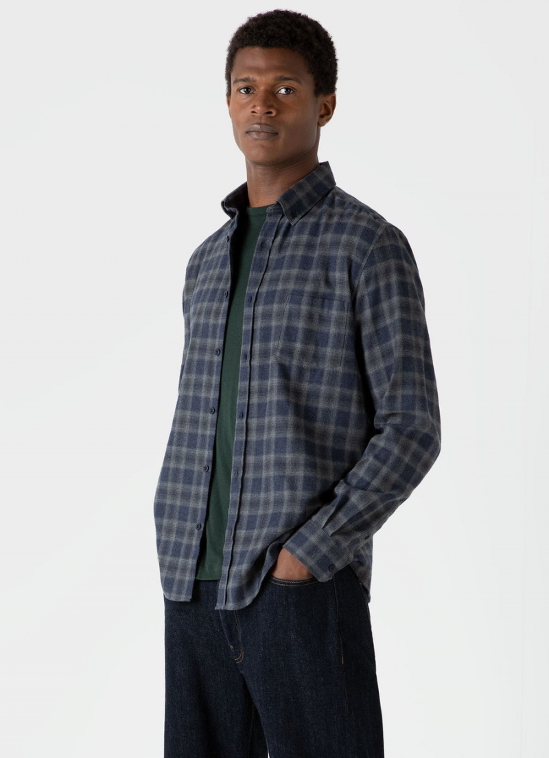 Navy Sunspel Button Down Flannel Shirt | 67203-LHEX | USA