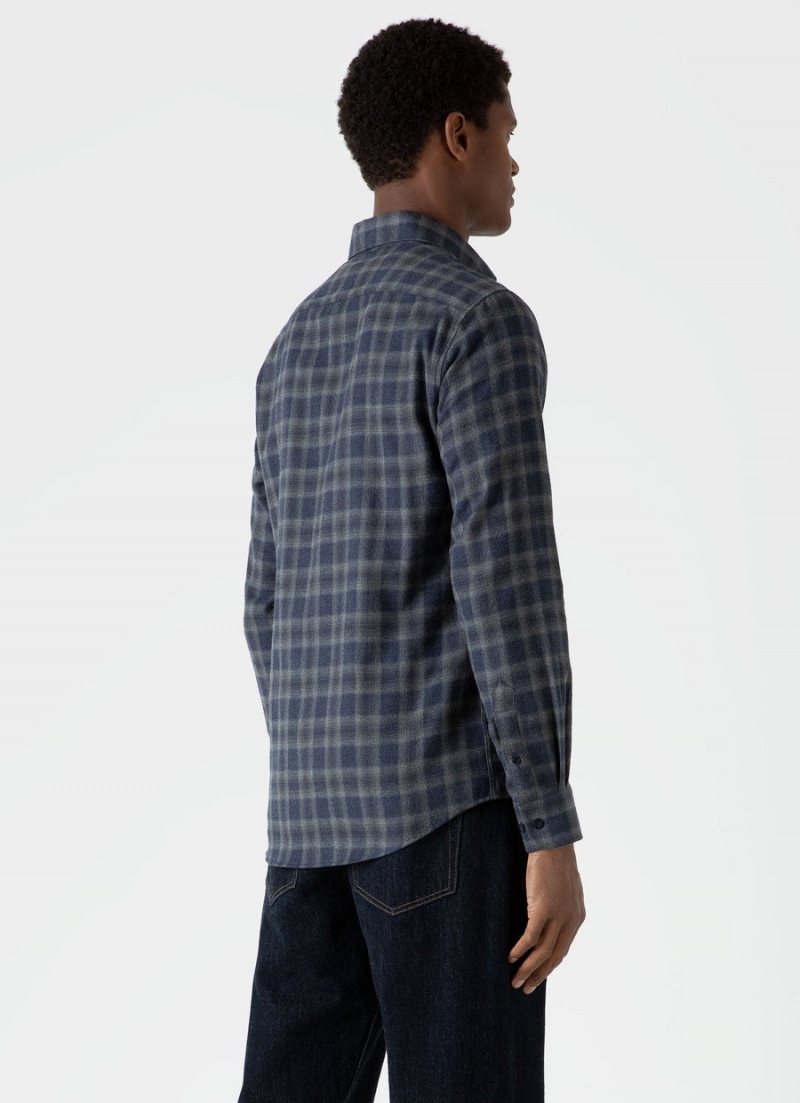 Navy Sunspel Button Down Flannel Shirt | 67203-LHEX | USA