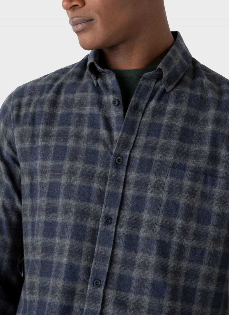 Navy Sunspel Button Down Flannel Shirt | 67203-LHEX | USA