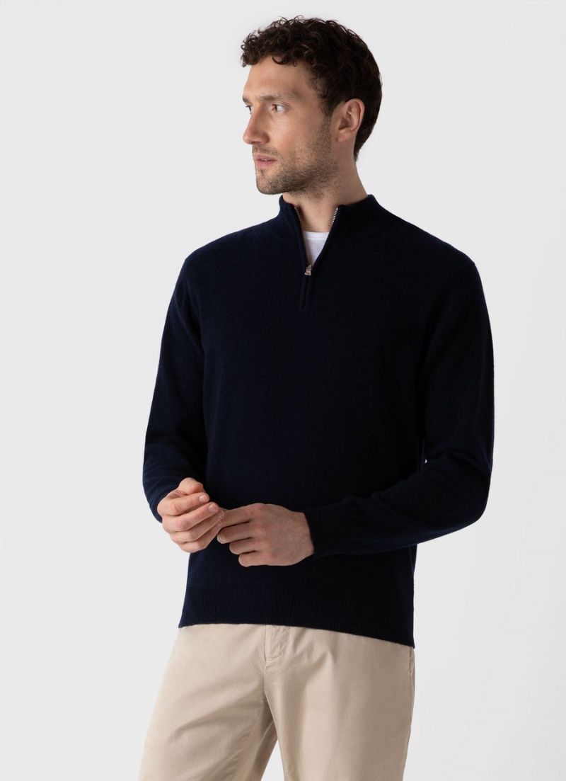 Navy Sunspel Cashmere Zip Neck Jumper | 53714-QDIT | USA