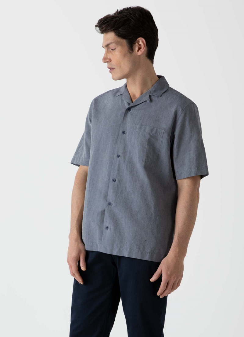 Navy Sunspel Cotton Linen Camp Collar Shirt | 94537-CABN | USA