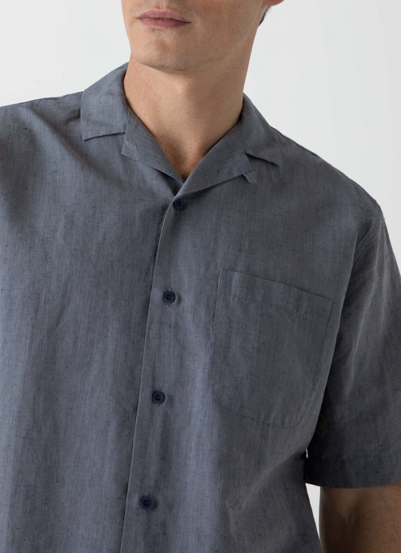 Navy Sunspel Cotton Linen Camp Collar Shirt | 94537-CABN | USA