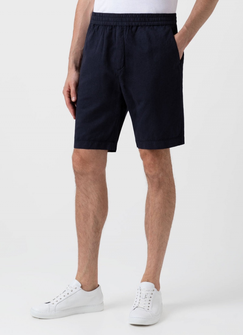 Navy Sunspel Cotton Linen Drawstring Shorts | 34671-ZBVX | USA