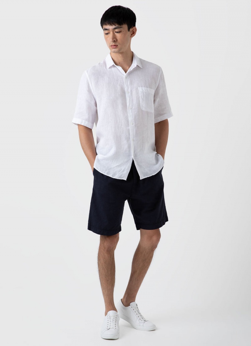 Navy Sunspel Cotton Linen Drawstring Shorts | 34671-ZBVX | USA