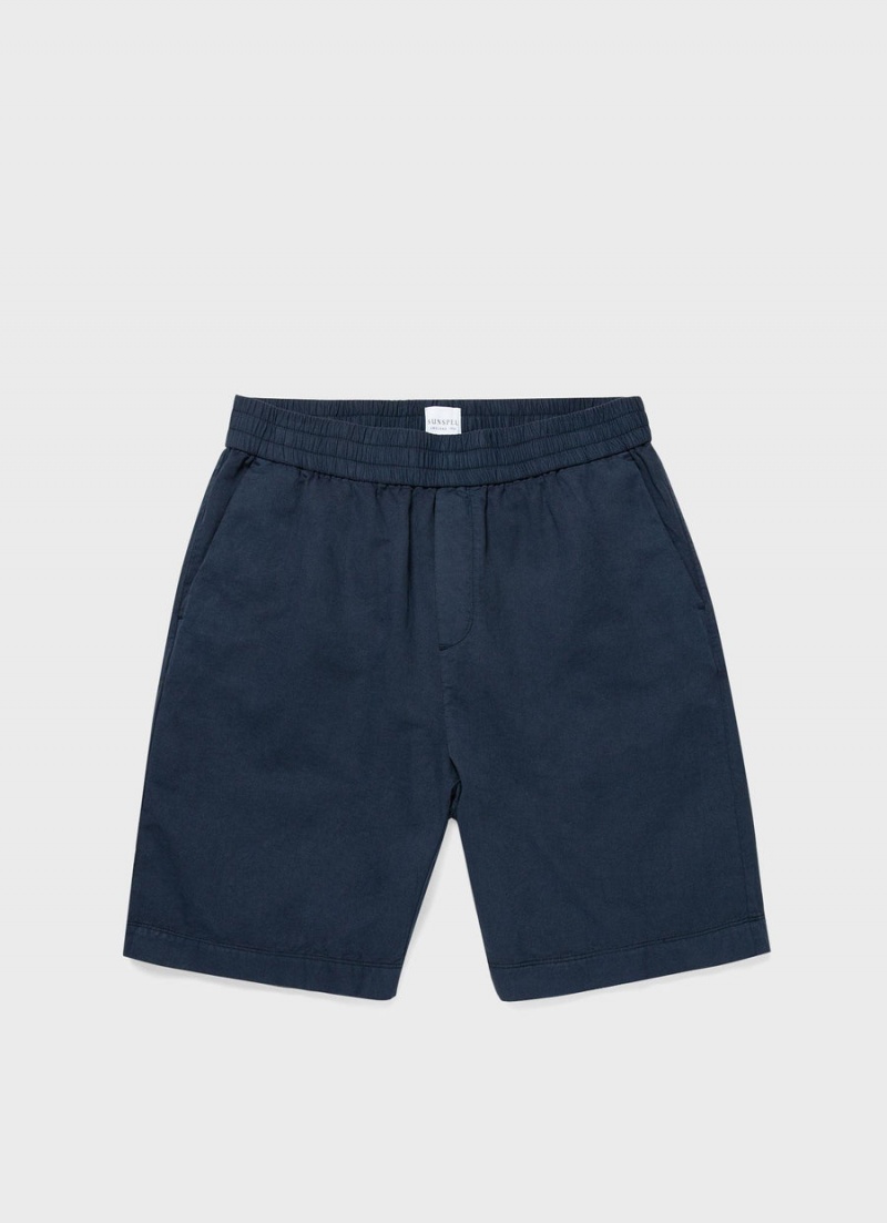 Navy Sunspel Cotton Linen Drawstring Shorts | 34671-ZBVX | USA