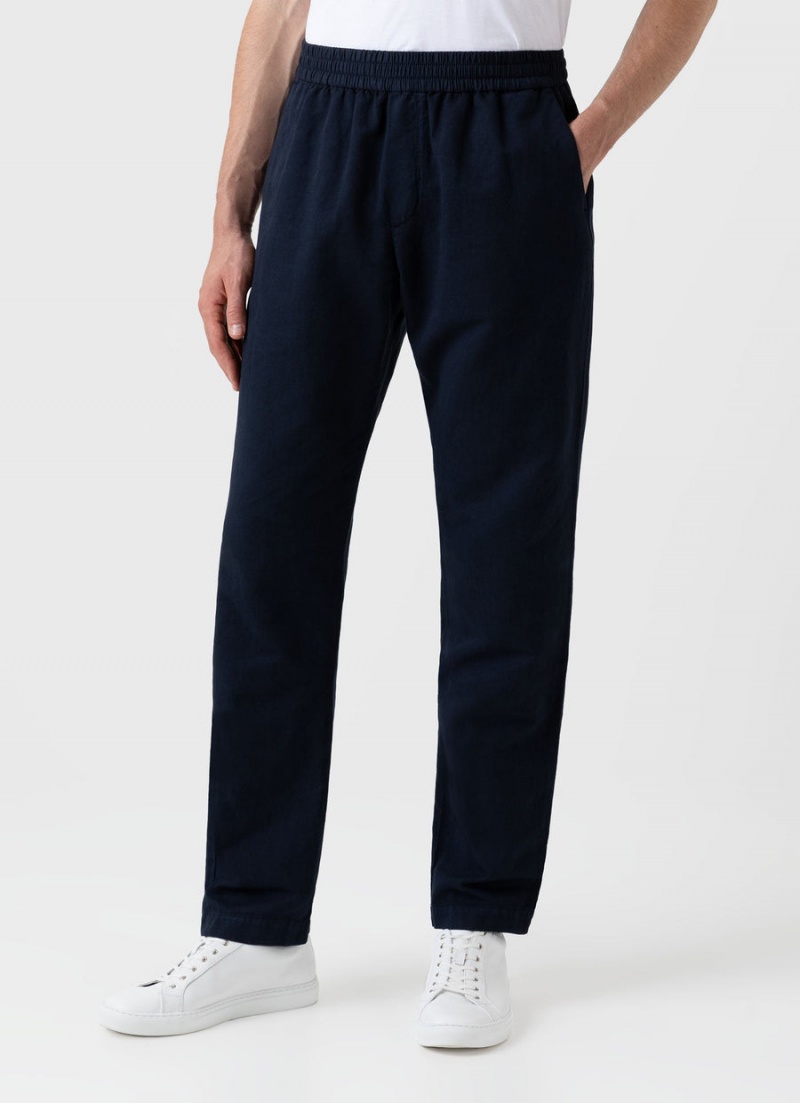 Navy Sunspel Cotton Linen Drawstring Trouser | 93085-MTJV | USA