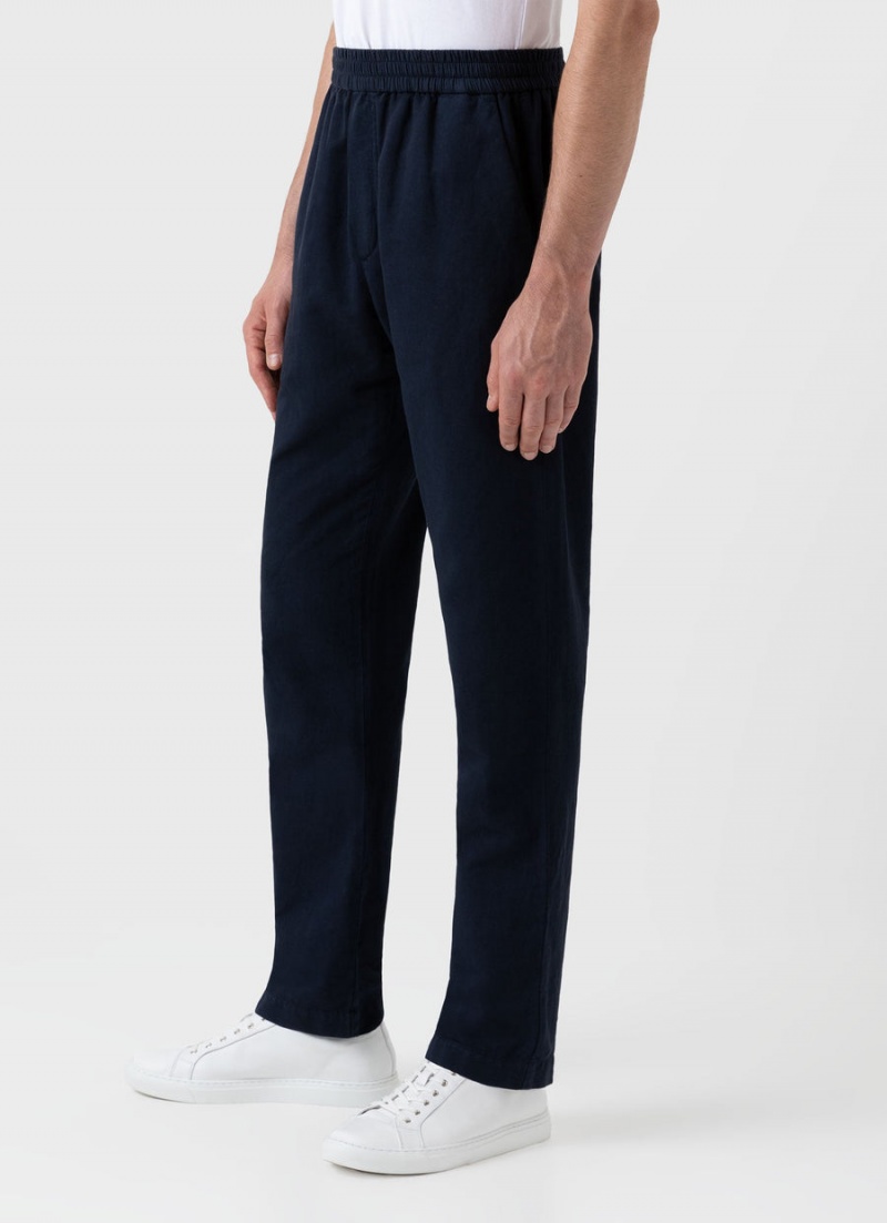 Navy Sunspel Cotton Linen Drawstring Trouser | 93085-MTJV | USA