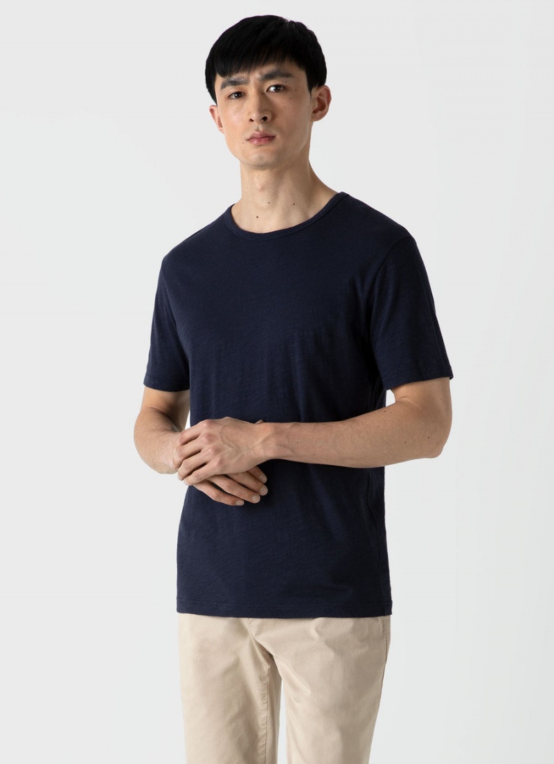 Navy Sunspel Cotton Linen T-shirt | 17496-SYEN | USA