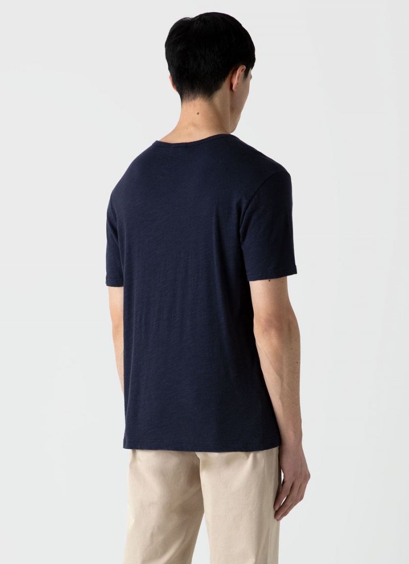 Navy Sunspel Cotton Linen T-shirt | 17496-SYEN | USA