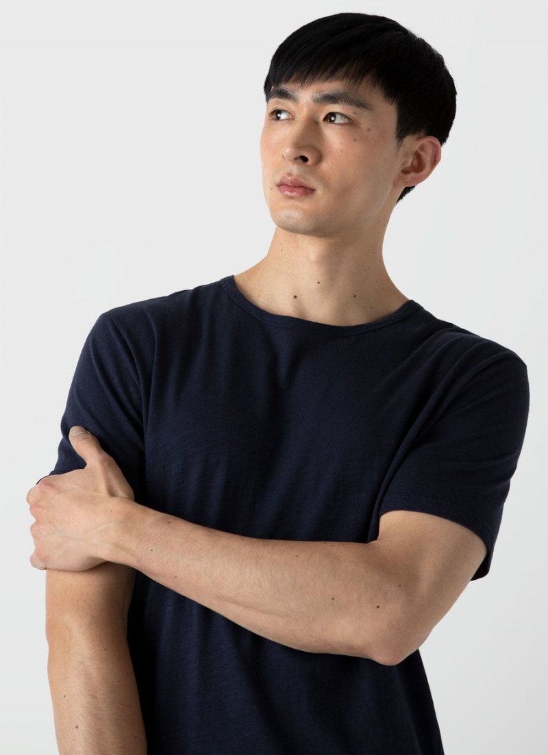 Navy Sunspel Cotton Linen T-shirt | 17496-SYEN | USA