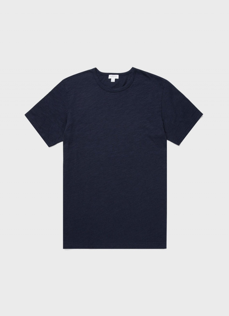 Navy Sunspel Cotton Linen T-shirt | 17496-SYEN | USA