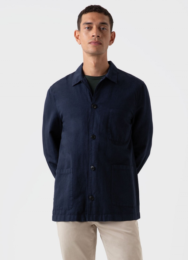 Navy Sunspel Cotton Linen Twin Pocket Jacket | 62790-VATE | USA