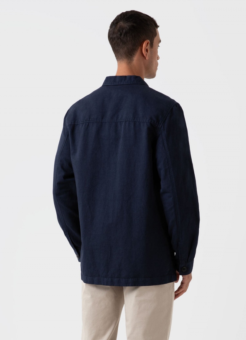 Navy Sunspel Cotton Linen Twin Pocket Jacket | 62790-VATE | USA