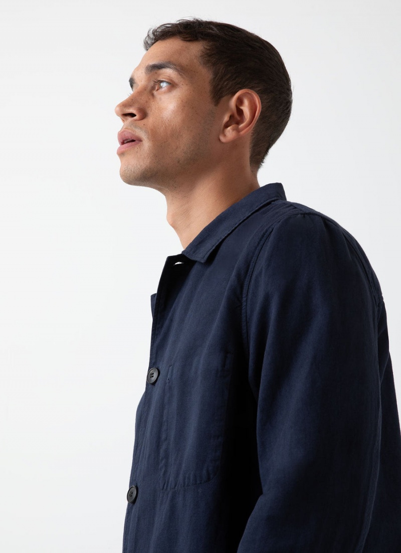 Navy Sunspel Cotton Linen Twin Pocket Jacket | 62790-VATE | USA