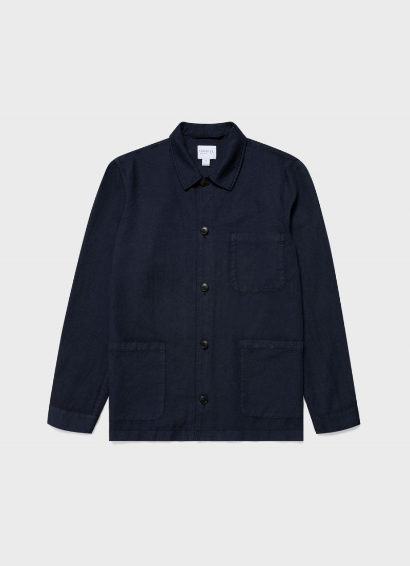 Navy Sunspel Cotton Linen Twin Pocket Jacket | 62790-VATE | USA