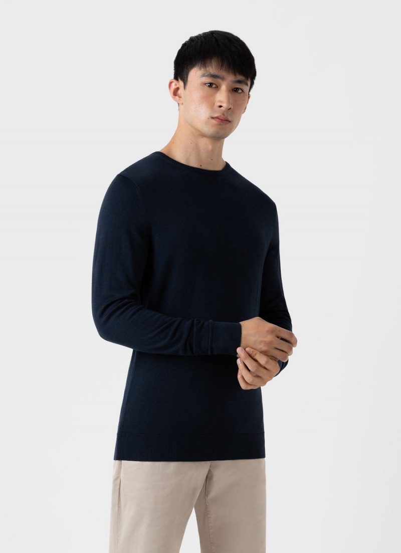 Navy Sunspel Extra‑Fine Merino Crew Neck | 37594-ULAO | USA