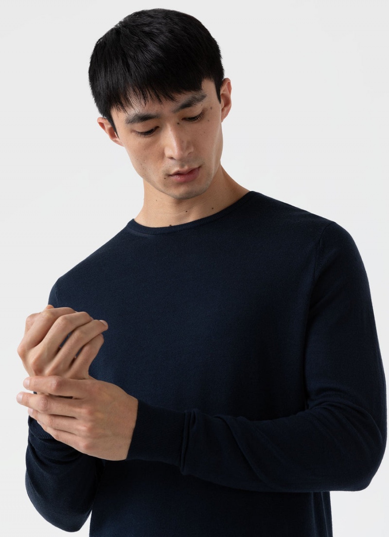 Navy Sunspel Extra‑Fine Merino Crew Neck | 37594-ULAO | USA