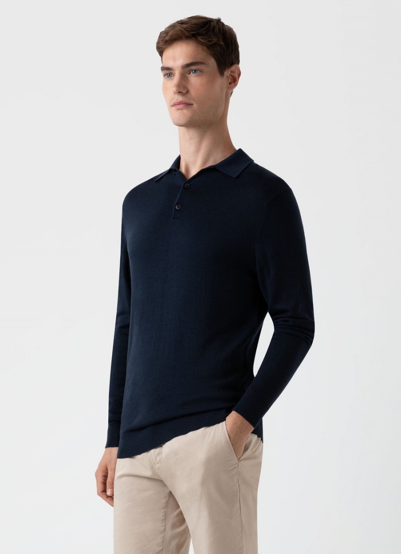 Navy Sunspel Extra‑Fine Merino Polo Shirt | 69084-NCHF | USA