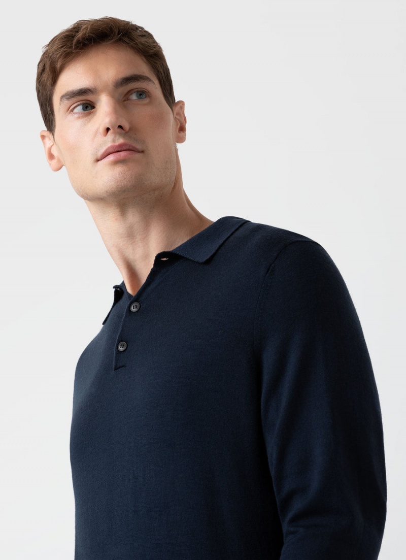 Navy Sunspel Extra‑Fine Merino Polo Shirt | 69084-NCHF | USA