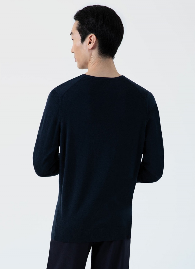 Navy Sunspel Extra‑Fine Merino V Neck | 20578-LWAT | USA