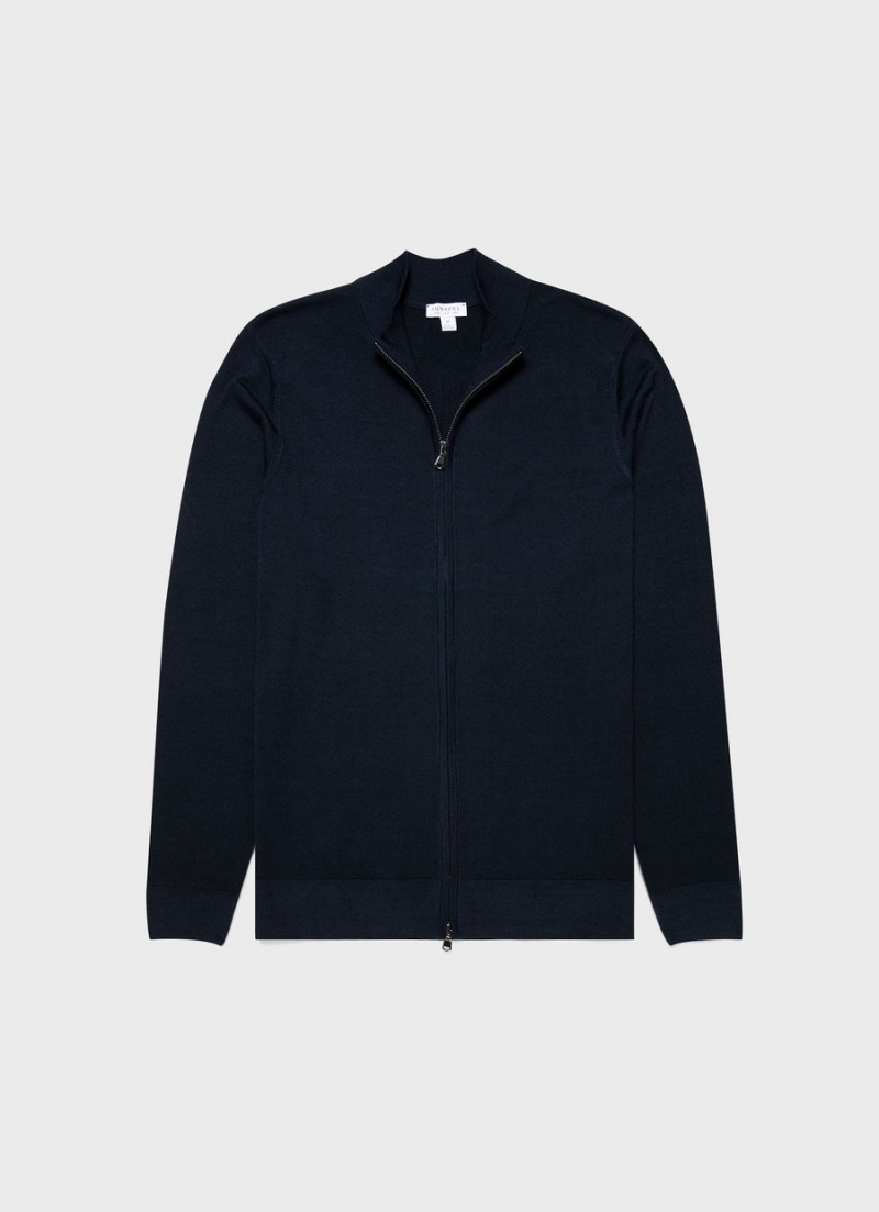 Navy Sunspel Extra‑Fine Merino Zip Cardigan | 36874-WXAH | USA