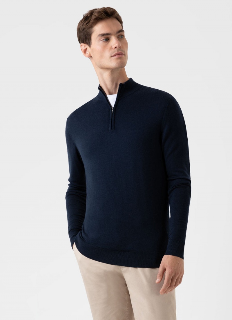 Navy Sunspel Extra‑Fine Merino Zip Neck | 46520-JYTC | USA