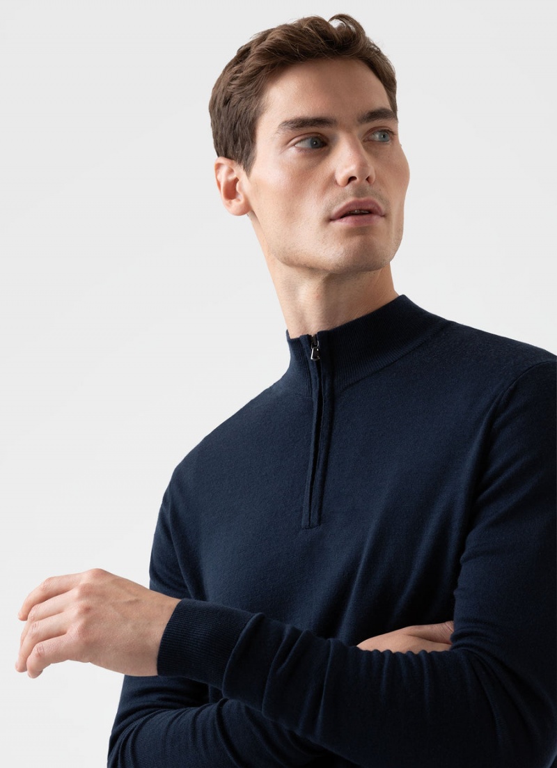 Navy Sunspel Extra‑Fine Merino Zip Neck | 46520-JYTC | USA