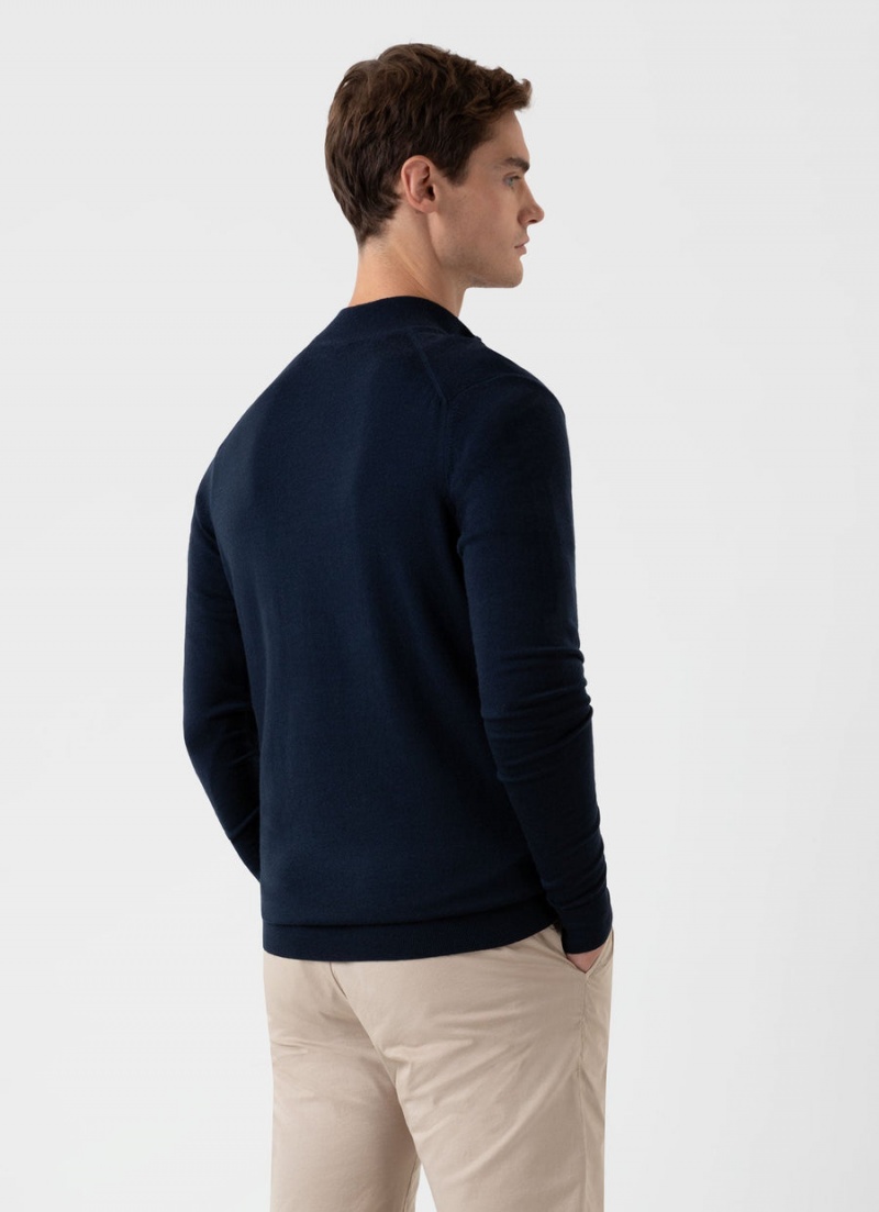 Navy Sunspel Extra‑Fine Merino Zip Neck | 46520-JYTC | USA