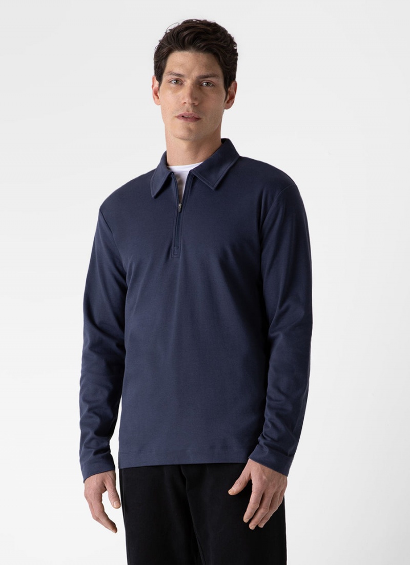 Navy Sunspel Half Zip Heavyweight Polo Shirt | 59736-AUHM | USA