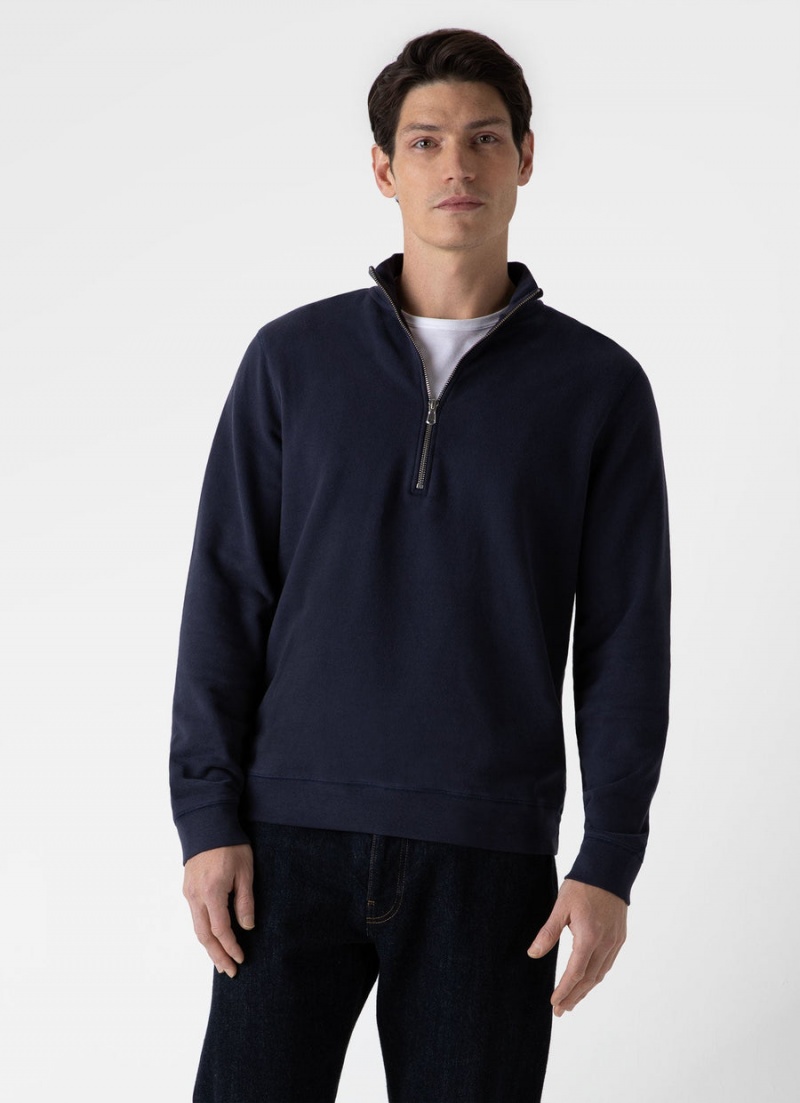 Navy Sunspel Half Zip Loopback Sweatshirt | 52179-VAXS | USA