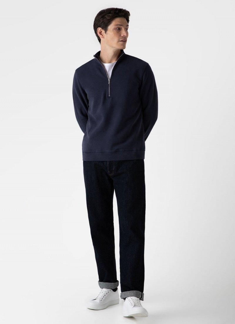 Navy Sunspel Half Zip Loopback Sweatshirt | 52179-VAXS | USA