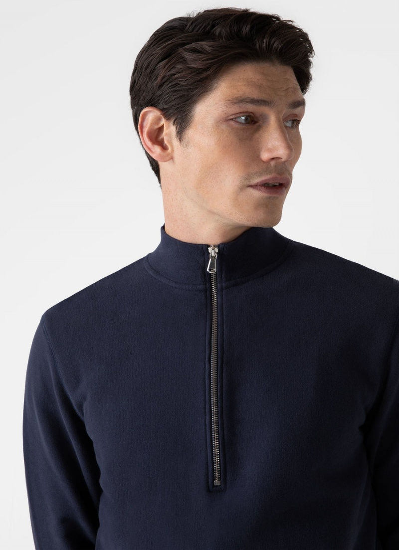 Navy Sunspel Half Zip Loopback Sweatshirt | 52179-VAXS | USA